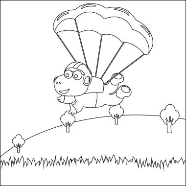 Çocuk aktivite kitabı ya da sayfa boyama için çizgi film tarzı çocuksu tasarımı olan küçük dinozorlarla gökyüzü dalışının vektör çizimi.