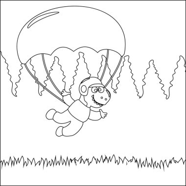 Çocuk aktivite kitabı ya da sayfa boyama için çizgi film tarzı çocuksu tasarımı olan küçük dinozorlarla gökyüzü dalışının vektör çizimi.
