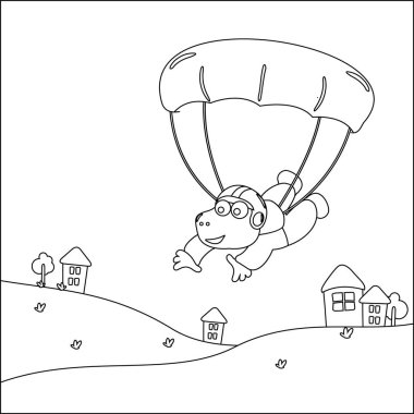 Çocuk aktivite kitabı ya da sayfa boyama için çizgi film tarzı çocuksu tasarımı olan küçük dinozorlarla gökyüzü dalışının vektör çizimi.