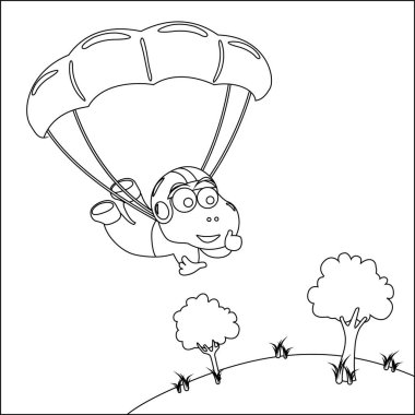 Çocuk aktivite kitabı ya da sayfa boyama için çizgi film tarzı çocuksu tasarımı olan küçük dinozorlarla gökyüzü dalışının vektör çizimi.