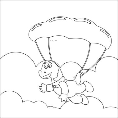 Çocuk aktivite kitabı ya da sayfa boyama için çizgi film tarzı çocuksu tasarımı olan küçük dinozorlarla gökyüzü dalışının vektör çizimi.