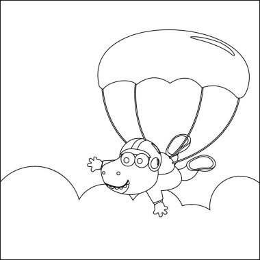 Çocuk aktivite kitabı ya da sayfa boyama için çizgi film tarzı çocuksu tasarımı olan küçük dinozorlarla gökyüzü dalışının vektör çizimi.