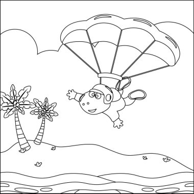 Çocuk aktivite kitabı ya da sayfa boyama için çizgi film tarzı çocuksu tasarımı olan küçük dinozorlarla gökyüzü dalışının vektör çizimi.