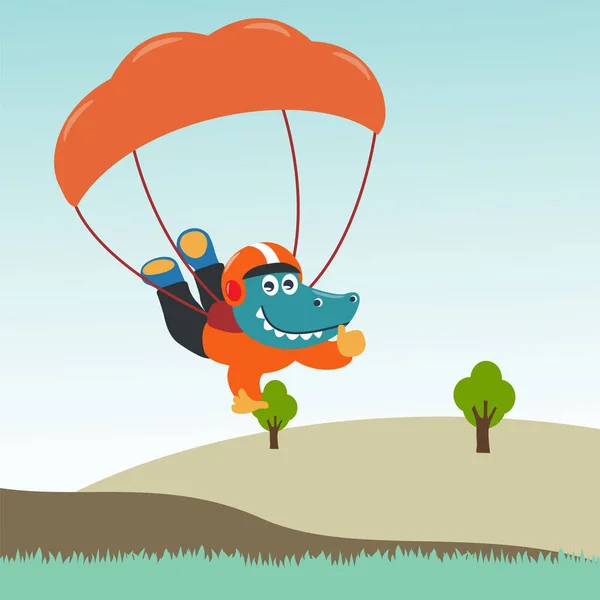 Vector Cartoon Illustration Skydiving Litlle Dinosaur Cartoon Style Creative Vector — Stock Vector