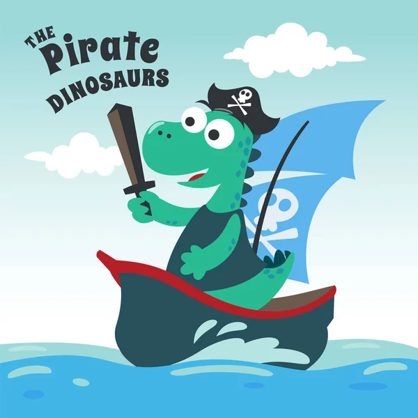 Wektorowa Ilustracja Pirata Dinozaurów Statku Morzu Kreskówkowym Stylem Kreatywne Wektorowe — Wektor stockowy