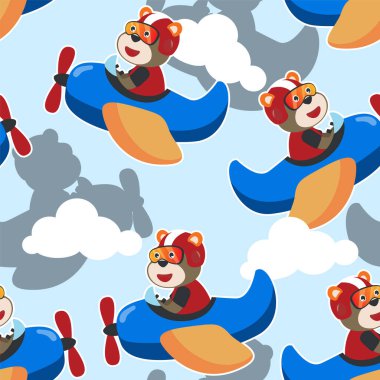 Seamless pattern vector of cute bear flying in airplane cartoon hand drawn vector illustration. For fabric textile, nursery, baby clothes, background, textile, wrapping paper and other decoration.