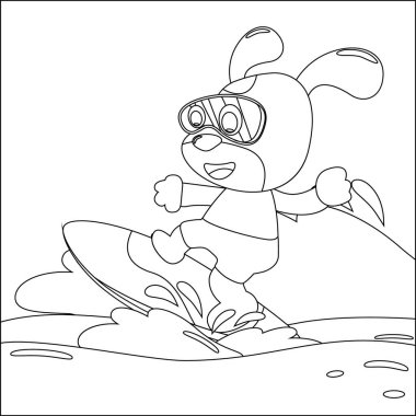 Vector illustration of surfing time with cute little dog at summer. Childish design for kids activity colouring book or page.