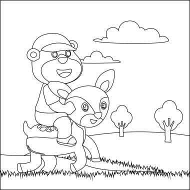 Vector illustration of happy cute bear riding cute deer. Childish design for kids activity colouring book or page.