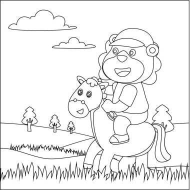 Vector illustration of happy cute bear riding cute horse. Childish design for kids activity colouring book or page.
