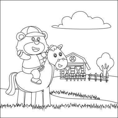 Vector illustration of happy cute bear riding cute horse. Childish design for kids activity colouring book or page.