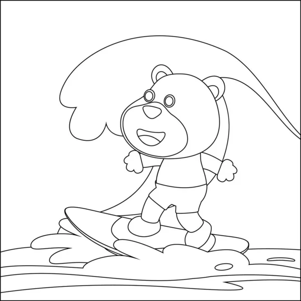 Vector illustration of surfing time with cute little bear at summer. Childish design for kids activity colouring book or page.
