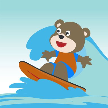 Yazın şirin küçük bir ayıyla sörf yapmak. Tişört baskısı için, çocuklar moda tasarımları, bebek partisi davetiyeleri ve diğer dekorasyonlar için kullanılabilir.