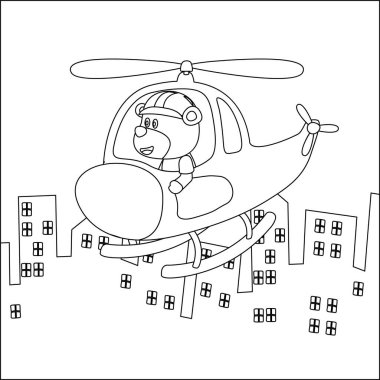 Creative vector childish Illustration of a cute bear on a helicopter. Childish design for kids activity colouring book or page.
