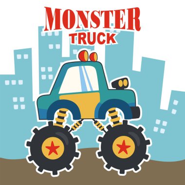 Çizgi film tarzında canavar kamyonun vektör çizimi. Tişört baskısı için kullanılabilir, çocuklar moda tasarımı giyebilir, davetiye kartı takabilir. kumaş, tekstil, çocuk odası duvar kağıdı, poster ve diğer dekorasyonlar.