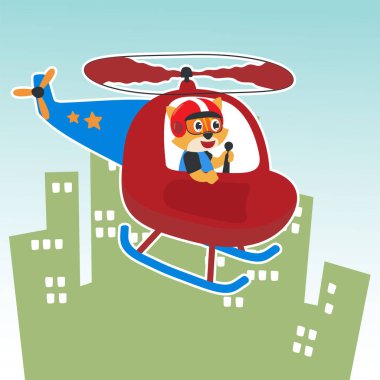 Helikopterdeki küçük sevimli bir kedinin çizgi film çizimi. Kumaş, tekstil, bebek odası duvar kâğıdı, poster, kart, broşür için yaratıcı çocuksu bir geçmiş. ve diğer dekorasyon.