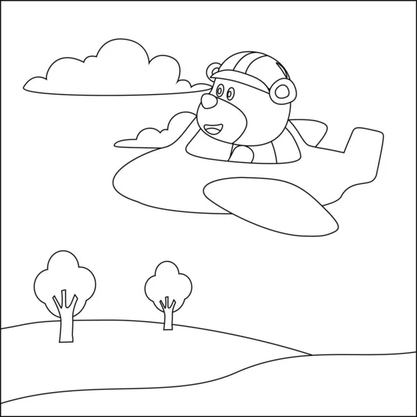 Cute bear flying in airplane cartoon hand drawn vector illustration. Childish design for kids activity colouring book or page.