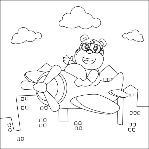 Cute tiger flying in airplane cartoon hand drawn vector illustration. Childish design for kids activity colouring book or page.