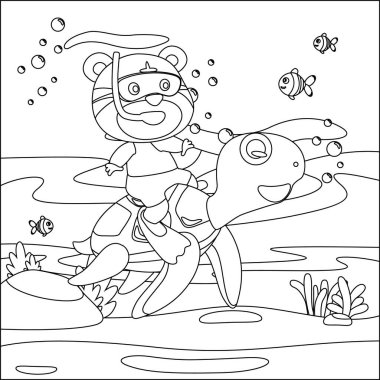 Küçük kaplumbağa ve kaplanın vektör çizimi suyun altında yüzüyor. Çocuk aktivite kitabı ya da sayfa boyama için yaratıcı vektör tasarımı.