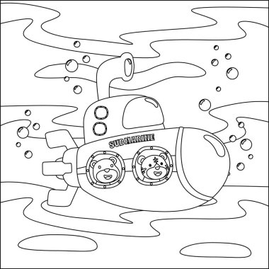 Çocuk tasarımı için vektör çizimi, şirin denizaltılı ve köpekbalıklı denizaltı. Çocuk aktivite kitabı ya da sayfa boyama için yaratıcı vektör tasarımı.