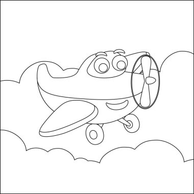 Gökyüzünde komik şirin bir uçak uçuyor. Çizgi film izole vektör çizimi, çocuk aktivite kitabı veya sayfa boyama için yaratıcı vektör tasarımı.