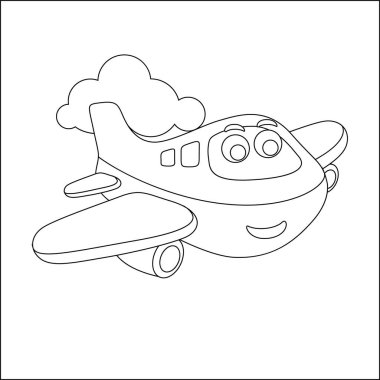 Gökyüzünde komik şirin bir uçak uçuyor. Çizgi film izole vektör çizimi, çocuk aktivite kitabı veya sayfa boyama için yaratıcı vektör tasarımı.