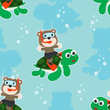 Küçük kaplumbağa ve ayı desenli kusursuz desen suyun altında yüzüyor. Kumaş tekstil, kreş, bebek kıyafetleri, arka plan, tekstil, ambalaj kağıdı ve diğer dekorasyonlar için.