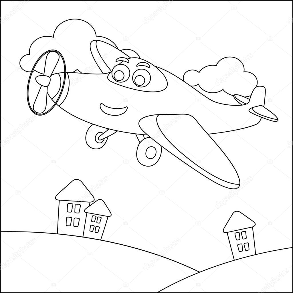 Funny cute airplane is flying in the sky. Cartoon isolated vector illustration, Creative vector Childish design for kids activity colouring book or page.