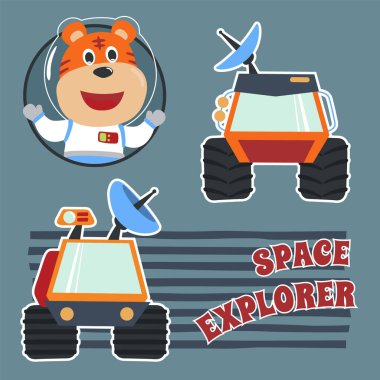 Çizgi film tarzında uzay giysili astronot ya da kaplan. Tişört baskısı için kullanılabilir, çocuklar moda tasarımı giyebilir, davetiye kartı takabilir. kumaş, tekstil, çocuk odası duvar kağıdı, poster ve diğer dekorasyonlar.