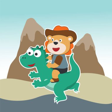 Şirin şirin dinozorlara binen mutlu ayının vektör çizimi. Kumaş, tekstil, bebek odası duvar kâğıdı, poster, kart, broşür için yaratıcı çocuksu bir geçmiş. ve diğer dekorasyon.