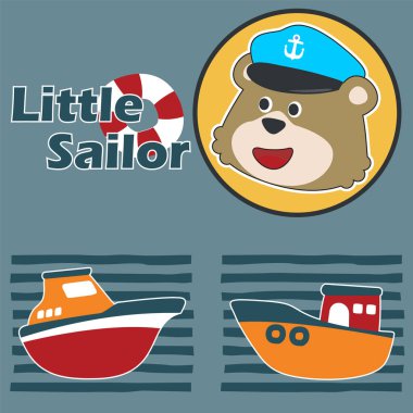 Sevimli ayı, hayvan denizci ve çizgi film tarzında bir tekne. Tişört baskısı için kullanılabilir, çocuklar moda tasarımı giyebilir, bebek partisi davetiyesi alabilir. kumaş, tekstil, bebek odası duvar kağıdı, poster.