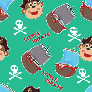 Komik maymun korsan karikatürü, kumaş, tekstil, kreş, bebek kıyafetleri, arka plan, tekstil, ambalaj kağıdı ve diğer dekorasyonlar için şirin deniz desenli vektör kusursuz desen..