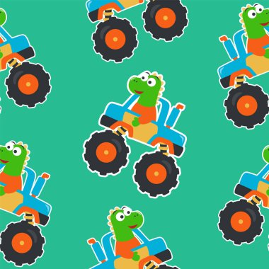 Canavar kamyonun kusursuz desenli vektörü ve çizgi film tarzıyla kumaş tekstili, çocuk odası arka planı, bebek kıyafetleri, poster, ambalaj kağıdı ve diğer dekorasyonlar için yaratıcı vektör çocuksu arka planı..