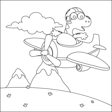 Küçük komik dinozor pilotu gökyüzünde uçuyor. Çizgi film izole vektör çizimi, çocuk aktivite kitabı veya sayfa boyama için yaratıcı vektör tasarımı.