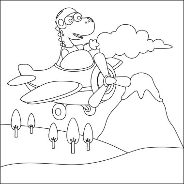 Küçük komik dinozor pilotu gökyüzünde uçuyor. Çizgi film izole vektör çizimi, çocuk aktivite kitabı veya sayfa boyama için yaratıcı vektör tasarımı.