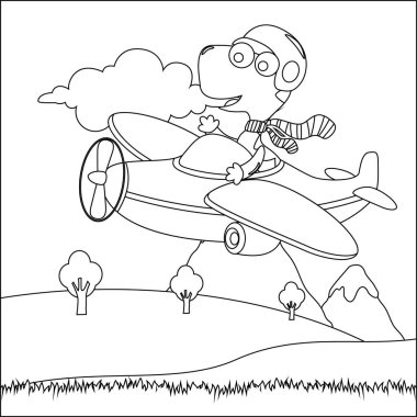 Küçük komik dinozor pilotu gökyüzünde uçuyor. Çizgi film izole vektör çizimi, çocuk aktivite kitabı veya sayfa boyama için yaratıcı vektör tasarımı.