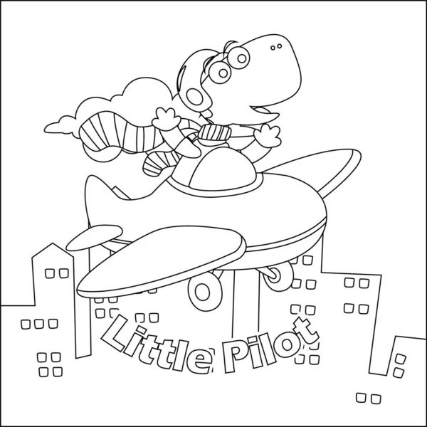 Küçük komik dinozor pilotu gökyüzünde uçuyor. Çizgi film izole vektör çizimi, çocuk aktivite kitabı veya sayfa boyama için yaratıcı vektör tasarımı.