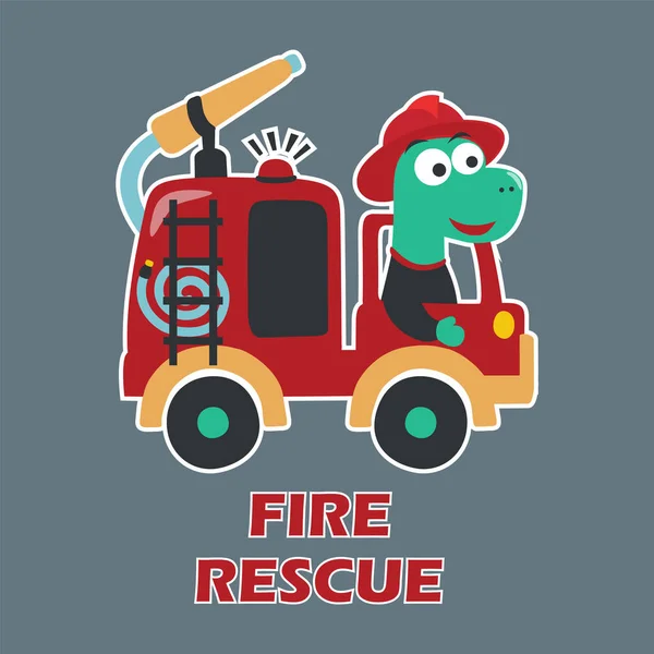 Пожарная Машина Смешным Пожарным Динозавром Векторная Карикатура Творческий Вектор Детского — стоковый вектор