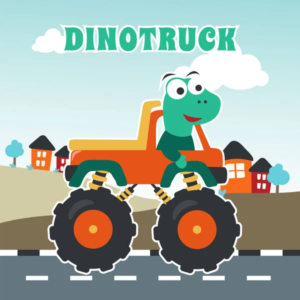Vektor Illustration Dinosaurier Ridning Monster Truck Med Tecknad Stil Kan — Stock vektor
