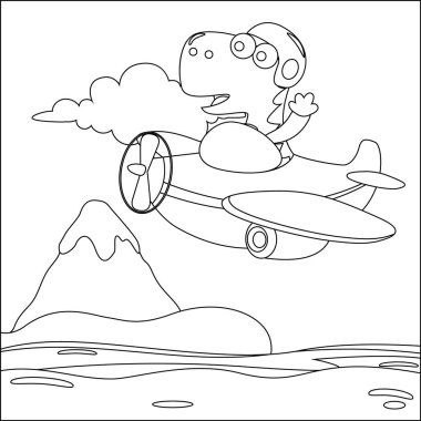 Şirin dinozor pilotunun temsili bir uçakla gökyüzünde uçuyor. Çocuk aktivite kitabı ya da sayfa boyama için yaratıcı vektör tasarımı.