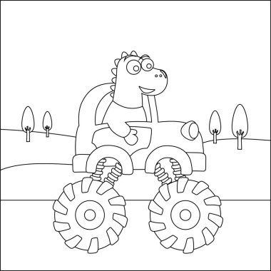 Şirin dinozor sürücüsü olan canavar kamyonun vektör çizimi. Çizgi film izole vektör çizimi, çocuk aktivite kitabı veya sayfa boyama için yaratıcı vektör tasarımı.