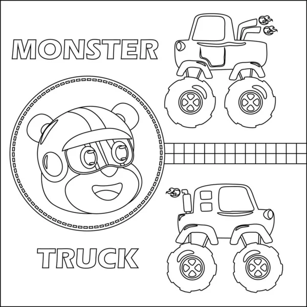 Cartoon Vector Monster Truck Little Driver Ilustração Vetorial Desenhada Mão — Vetor de Stock