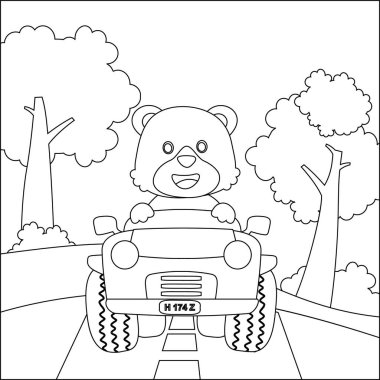 Tatlı ayı çizgi filmi güneşli bir günde araba sürerken eğleniyor. Çizgi film izole vektör çizimi, çocuk aktivite kitabı veya sayfa boyama için yaratıcı vektör tasarımı.