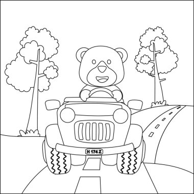 Tatlı ayı çizgi filmi güneşli bir günde araba sürerken eğleniyor. Çizgi film izole vektör çizimi, çocuk aktivite kitabı veya sayfa boyama için yaratıcı vektör tasarımı.