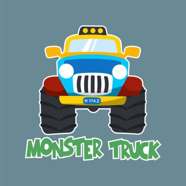 Çizgi film tarzında canavar kamyonun vektör çizimi. Tişört izi, çocuk giysisi, davetiye kartı için kullanılabilir. kumaş, tekstil, çocuk odası duvar kağıdı, poster ve diğer dekorasyonlar.