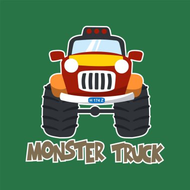 Çizgi film tarzında canavar kamyonun vektör çizimi. Tişört izi, çocuk giysisi, davetiye kartı için kullanılabilir. kumaş, tekstil, çocuk odası duvar kağıdı, poster ve diğer dekorasyonlar.