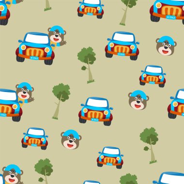 Kusursuz desenli, komik hayvan sürücüsü arabasıyla yol kenarında köy manzaralı. Kumaş tekstil, kreş, bebek kıyafetleri, arka plan, tekstil, ambalaj kağıdı ve diğer dekorasyonlar için.