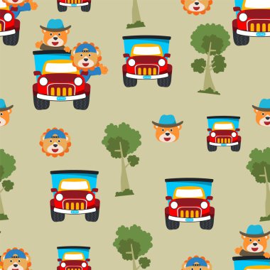 Kumaş tekstil, kreş, bebek kıyafetleri, arka plan, tekstil, ambalaj kağıdı ve diğer dekorasyon ürünleri için kargo kamyonunda hayvanlarla kusursuz desen dokusu..