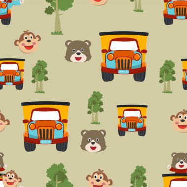 Kumaş tekstil, kreş, bebek kıyafetleri, arka plan, tekstil, ambalaj kağıdı ve diğer dekorasyon ürünleri için kargo kamyonunda hayvanlarla kusursuz desen dokusu..