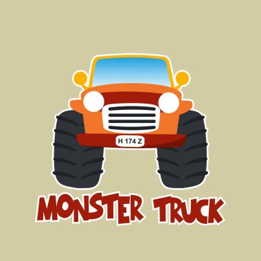 Çizgi film tarzında canavar kamyonun vektör çizimi. Tişört izi, çocuk giysisi, davetiye kartı için kullanılabilir. kumaş, tekstil, çocuk odası duvar kağıdı, poster ve diğer dekorasyonlar.