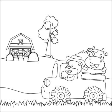 Bahçedeki kamyona binen çiftlik hayvanları, çocuk için çocuksu tasarım aktivite kitabı ya da sayfa boyama..